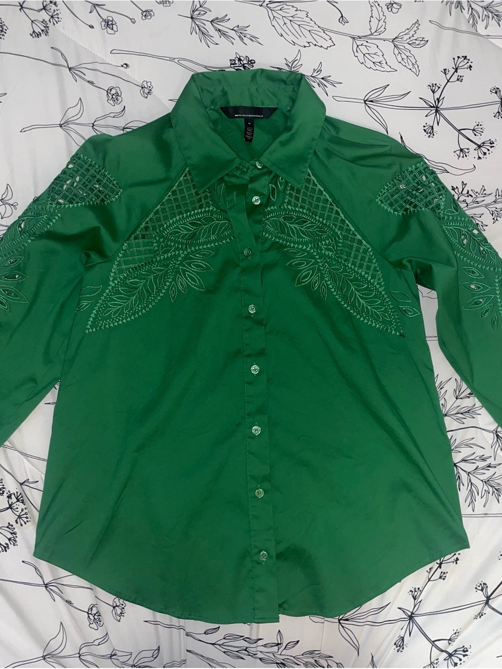 White House Black Market Green Embroidered Button-Down Shirt